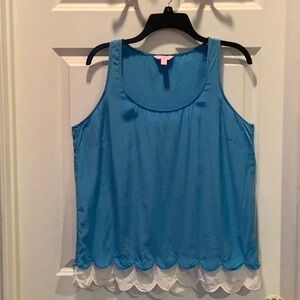 Lilly Pulitzer Carlina silk blue shell top, double scallop hem, size large.